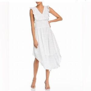 AQUA White Smocked Waist Lined Flutter Chiffon Handkerchief Midi Dress Small
